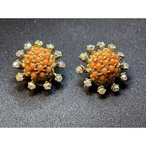 Vintage BSK Gold Tone Orange Bead A/B Crystal Clip On Earrings